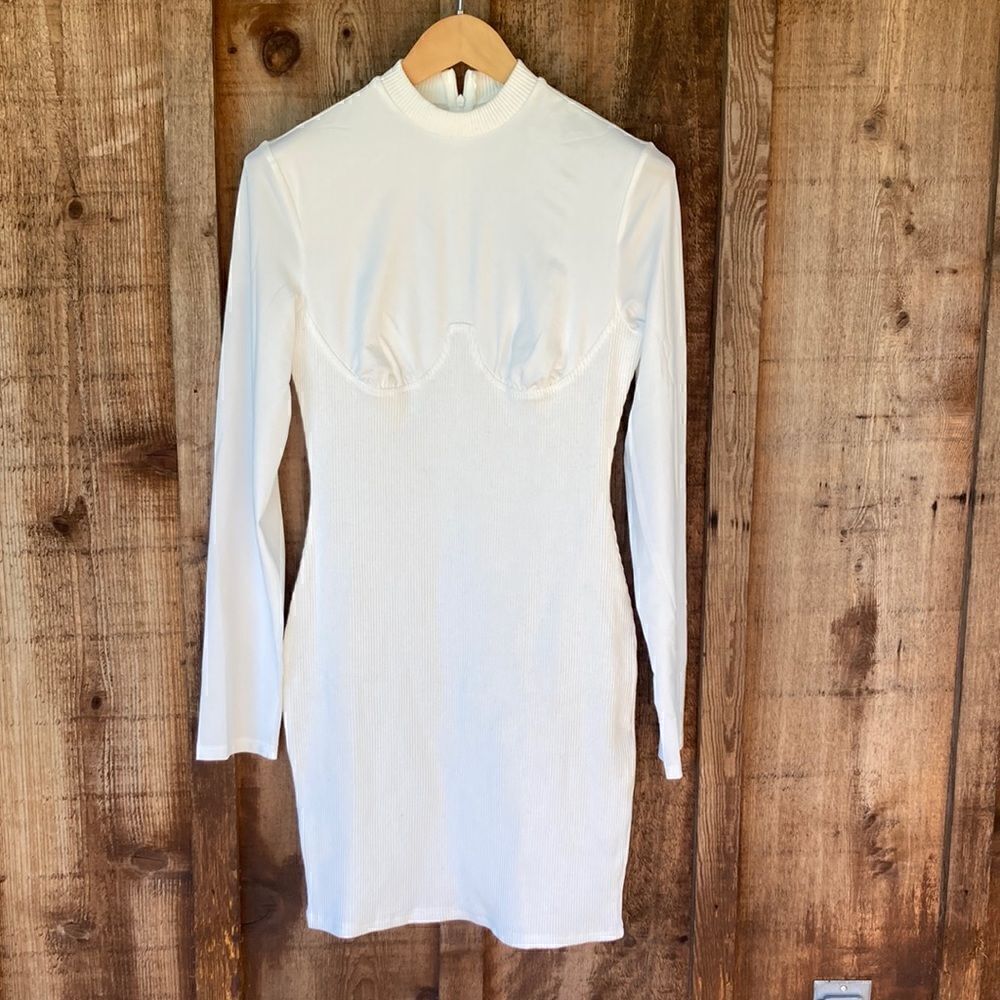Dressmecb White Ribbed Knit Long Sleeve High Neck Bodycon Bust Panel Dress